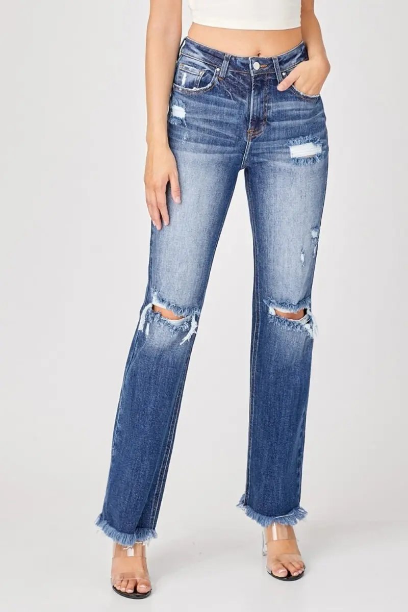 Risen Full Size Raw Hem Distressed Straight Jeans for Women - Love Salve
